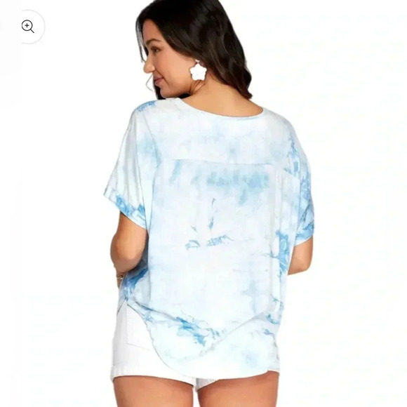 NWT She + Sky Drop Shoulder V Neck Tie Dye Knit Top Blue Short Sleeve (S, M, L) - Picture 2 of 3